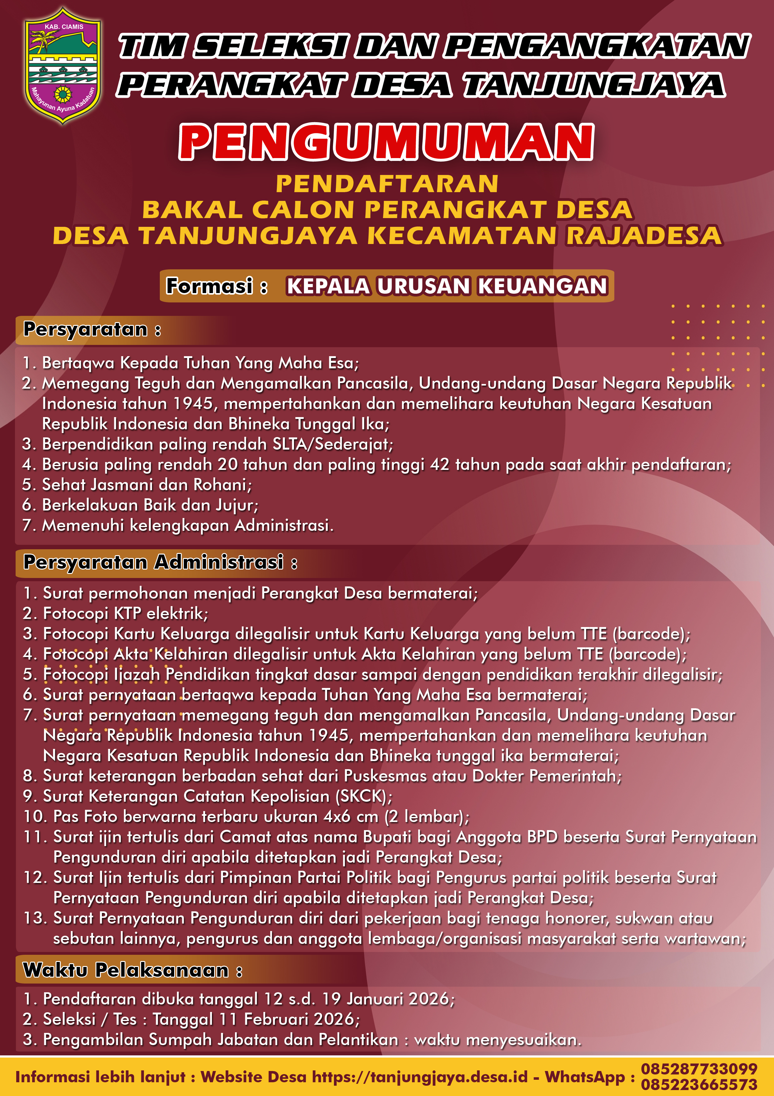 PENGUMUMAN SELEKSI CALON PERANGKAT DESA TANJUNGJAYA TAHUN 2026