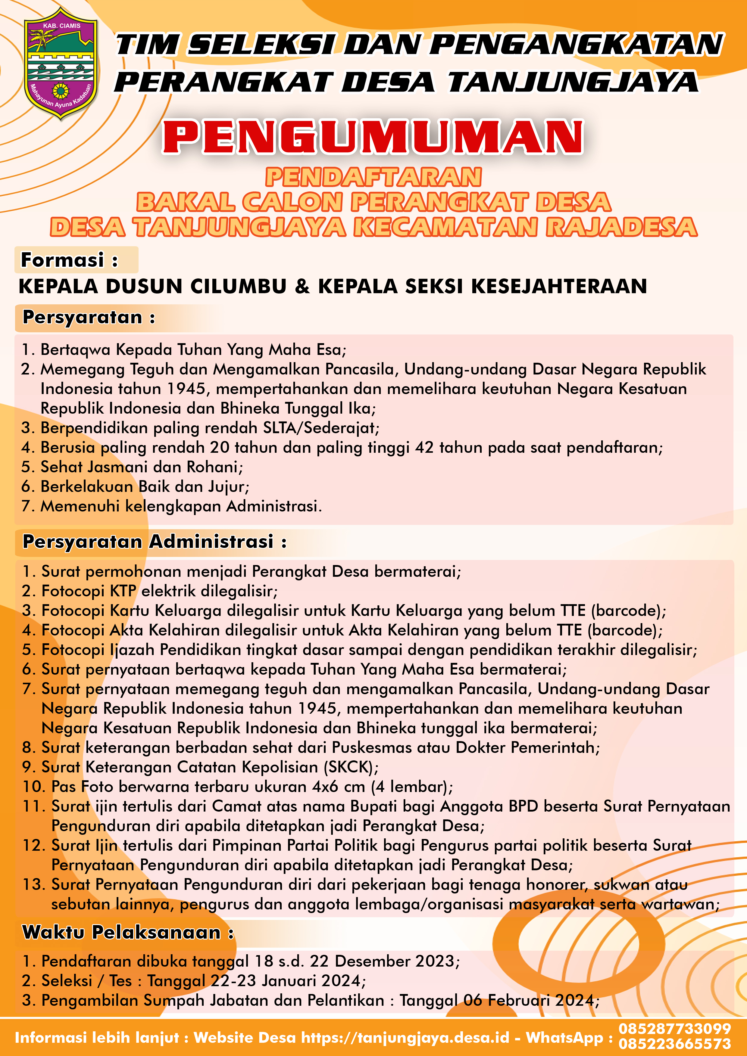 PENGUMUMAN SELEKSI CALON PERANGKAT DESA TANJUNGJAYA 2023 2024