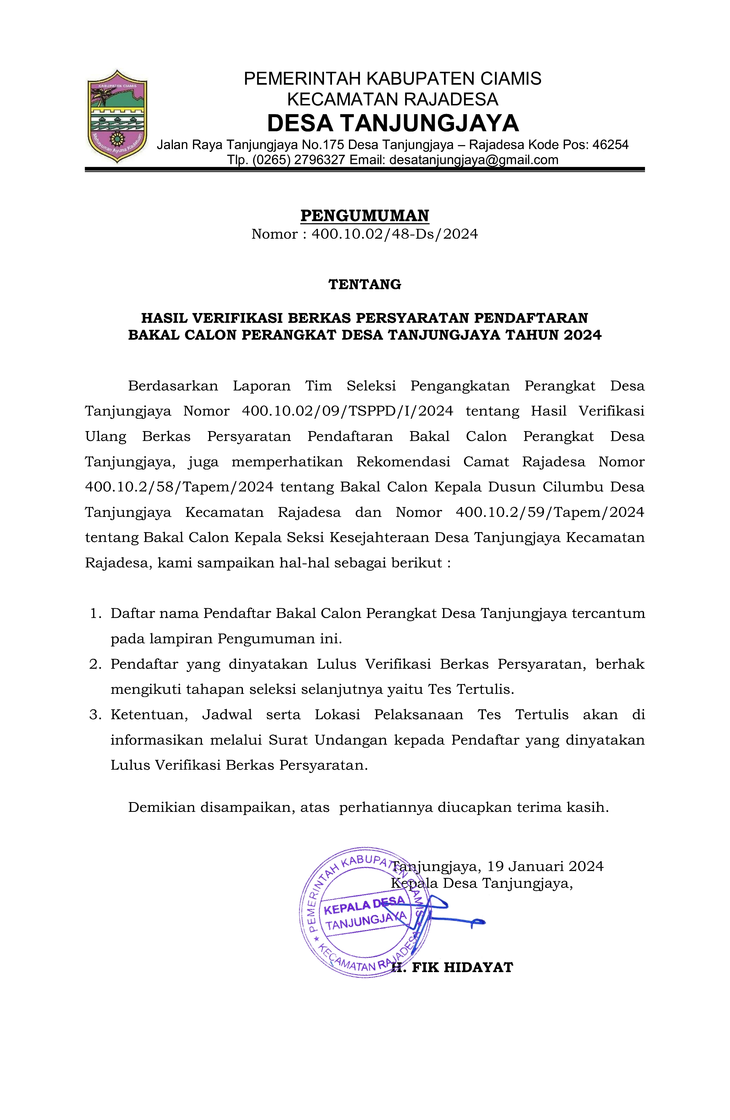 Pengumuman Hasil Verifikasi Berkas Persyaratan Pendaftaran Bakal Calon Perangkat Desa Tanjungjaya Tahun 2024